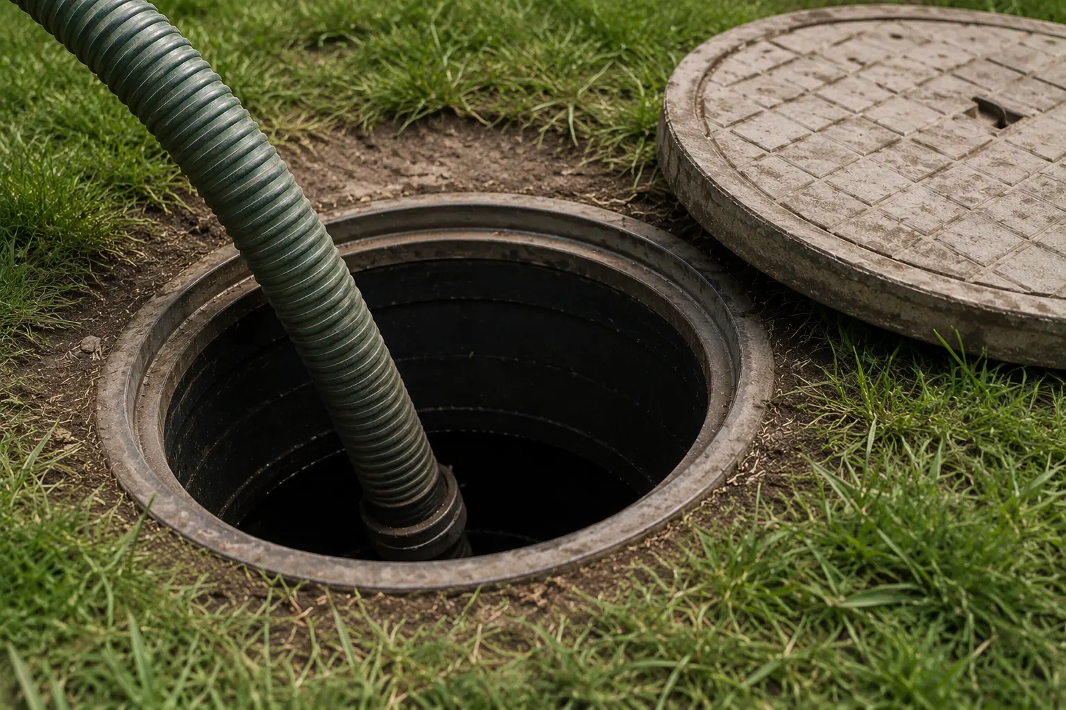 Septic tank pumping truck servicing a residential tank in Cornwall, Ontario